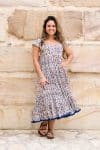 Womens Jalabi dress, 100% cotton, hand block print. In soft blue & lilac Morning Dew print.