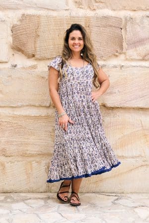 Womens Jalabi dress, 100% cotton, hand block print. In soft blue & lilac Morning Dew print.