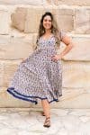 Womens Jalabi dress, 100% cotton, hand block print. In soft blue & lilac Morning Dew print.