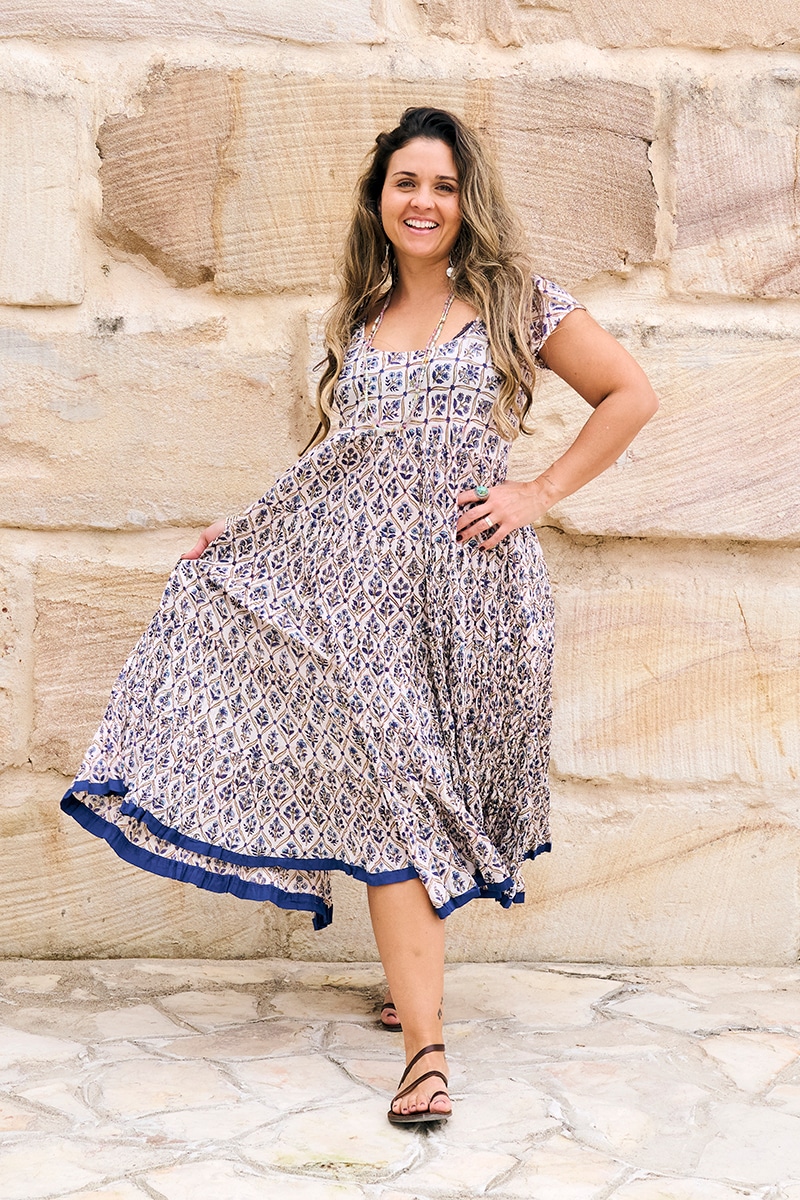 Womens Jalabi dress, 100% cotton, hand block print. In soft blue & lilac Morning Dew print.