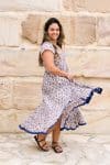 Womens Jalabi dress, 100% cotton, hand block print. In soft blue & lilac Morning Dew print.