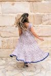 Womens Jalabi dress, 100% cotton, hand block print. In soft blue & lilac Morning Dew print.