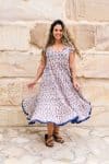 Womens Jalabi dress, 100% cotton, hand block print. In soft blue & lilac Morning Dew print.