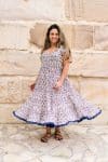 Womens Jalabi dress, 100% cotton, hand block print. In soft blue & lilac Morning Dew print.