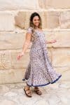 Womens Jalabi dress, 100% cotton, hand block print. In soft blue & lilac Morning Dew print.