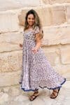 Womens Jalabi dress, 100% cotton, hand block print. In soft blue & lilac Morning Dew print.