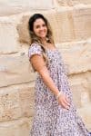 Womens Jalabi dress, 100% cotton, hand block print. In soft blue & lilac Morning Dew print.