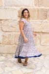 Womens Jalabi dress, 100% cotton, hand block print. In soft blue & lilac Morning Dew print.
