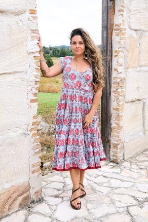 Womens Jalabi dress, 100% cotton, hand block print. In Floria