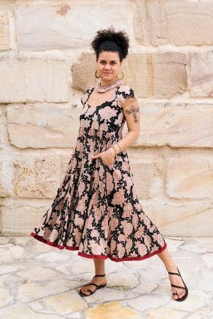 Womens Jalabi dress, 100% cotton, hand block print. In natural begru black and rust Midnight Rouge print