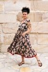 Womens Jalabi dress, 100% cotton, hand block print. In natural begru black and rust Midnight Rouge print