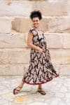 Womens Jalabi dress, 100% cotton, hand block print. In natural begru black and rust Midnight Rouge print
