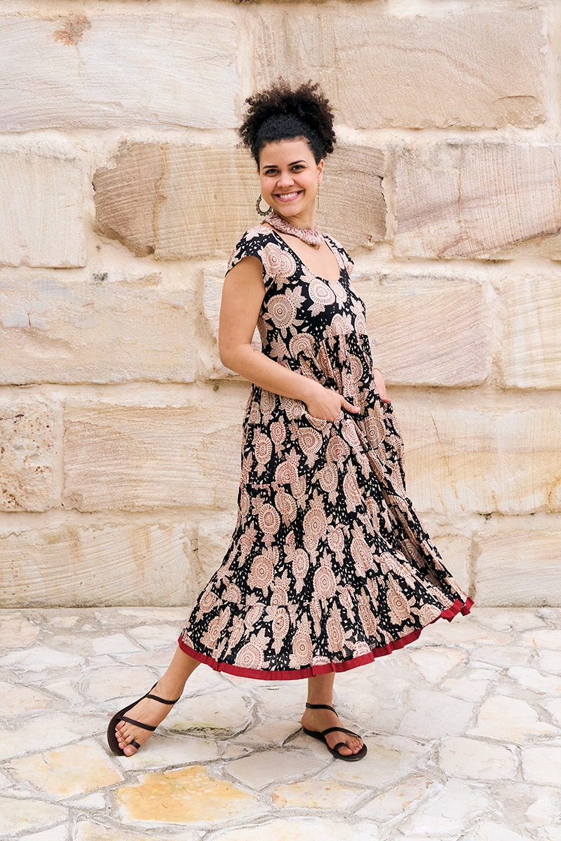 Womens Jalabi dress, 100% cotton, hand block print. In natural begru black and rust Midnight Rouge print