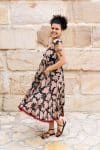 Womens Jalabi dress, 100% cotton, hand block print. In natural begru black and rust Midnight Rouge print