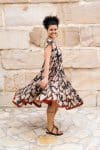 Womens Jalabi dress, 100% cotton, hand block print. In natural begru black and rust Midnight Rouge print