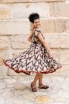 Womens Jalabi dress, 100% cotton, hand block print. In natural begru black and rust Midnight Rouge print