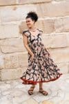 Womens Jalabi dress, 100% cotton, hand block print. In natural begru black and rust Midnight Rouge print