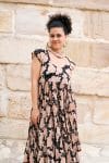 Womens Jalabi dress, 100% cotton, hand block print. In natural begru black and rust Midnight Rouge print