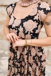 Womens Jalabi dress, 100% cotton, hand block print. In natural begru black and rust Midnight Rouge print