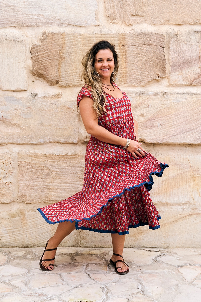 Womens Jalabi dress, 100% cotton, hand block print. In Cherry print