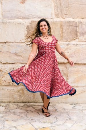 Womens Jalabi dress, 100% cotton, hand block print. In Cherry print