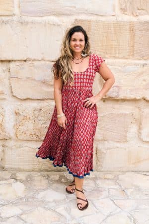Womens Jalabi dress, 100% cotton, hand block print. In Cherry print