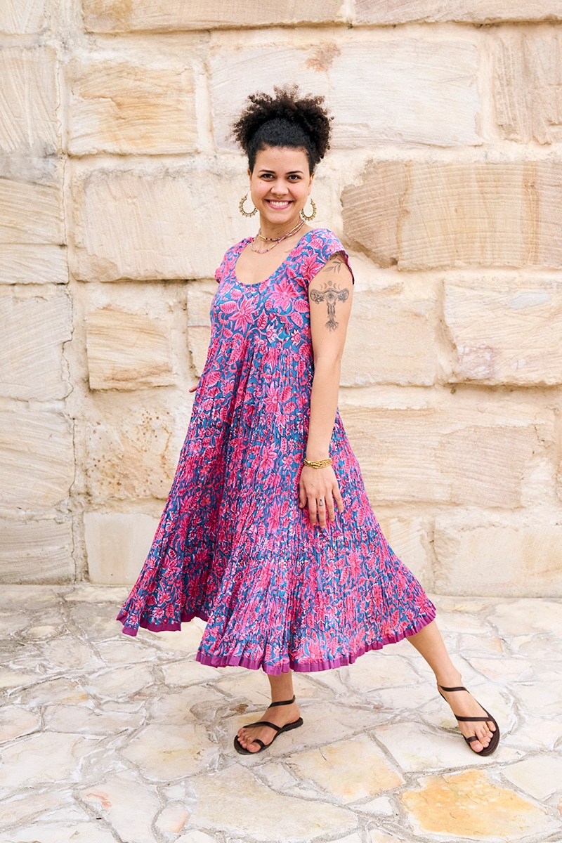 Womens Jalabi dress, 100% cotton, hand block print. In Serenade print
