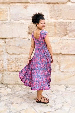 Womens Jalabi dress, 100% cotton, hand block print. In Serenade print