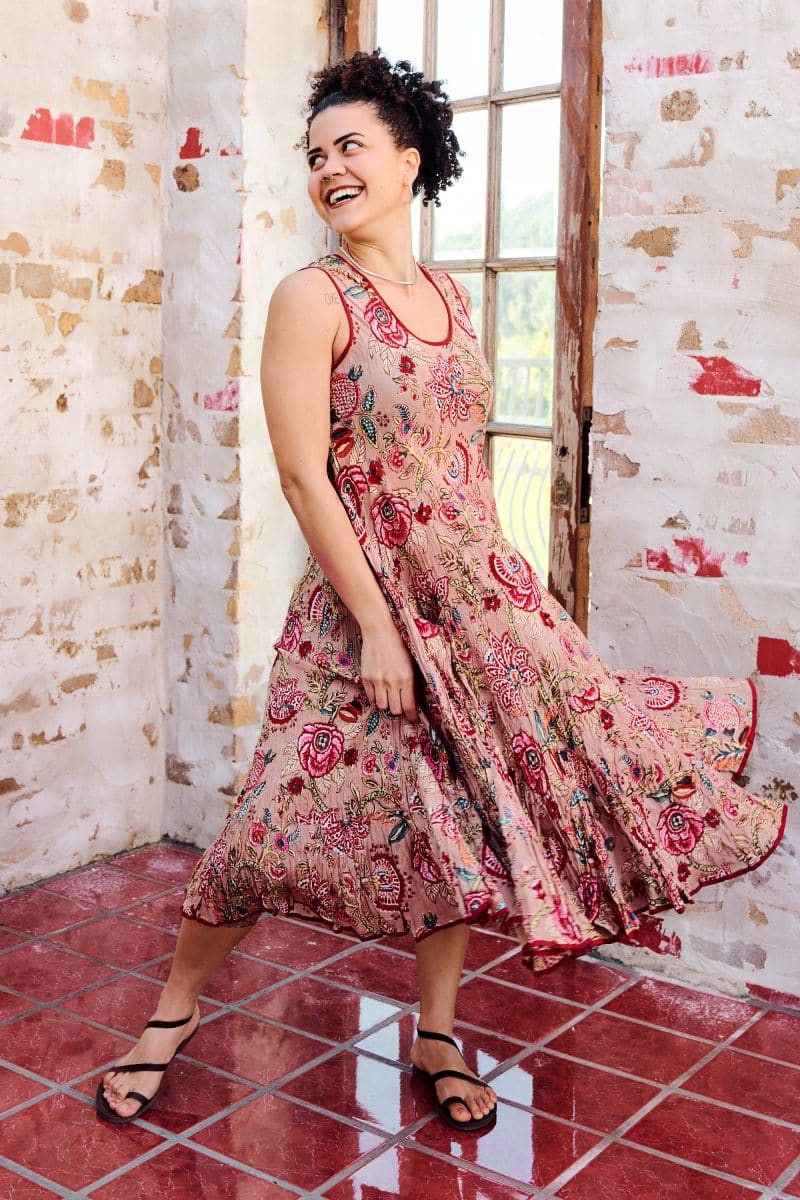 Womens, midi, Flamenco Dress, sleeveless, 100% Cotton, hand block print. Summer Floral - Rosani