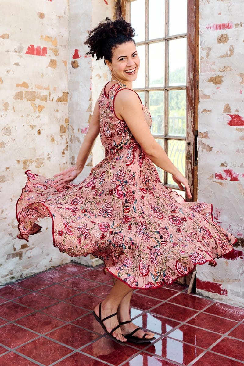 Womens, midi, Flamenco Dress, sleeveless, 100% Cotton, hand block print. Summer Floral - Rosani