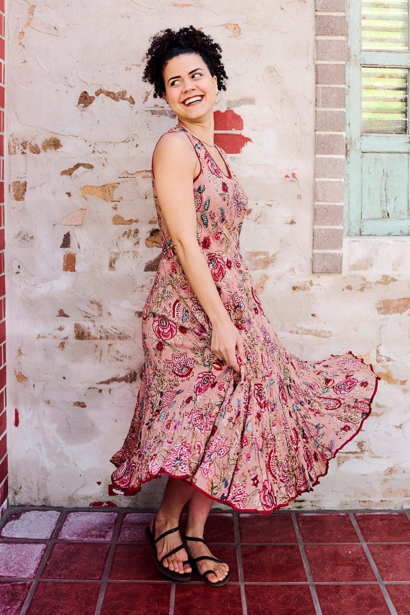 Womens, midi, Flamenco Dress, sleeveless, 100% Cotton, hand block print. Summer Floral - Rosani