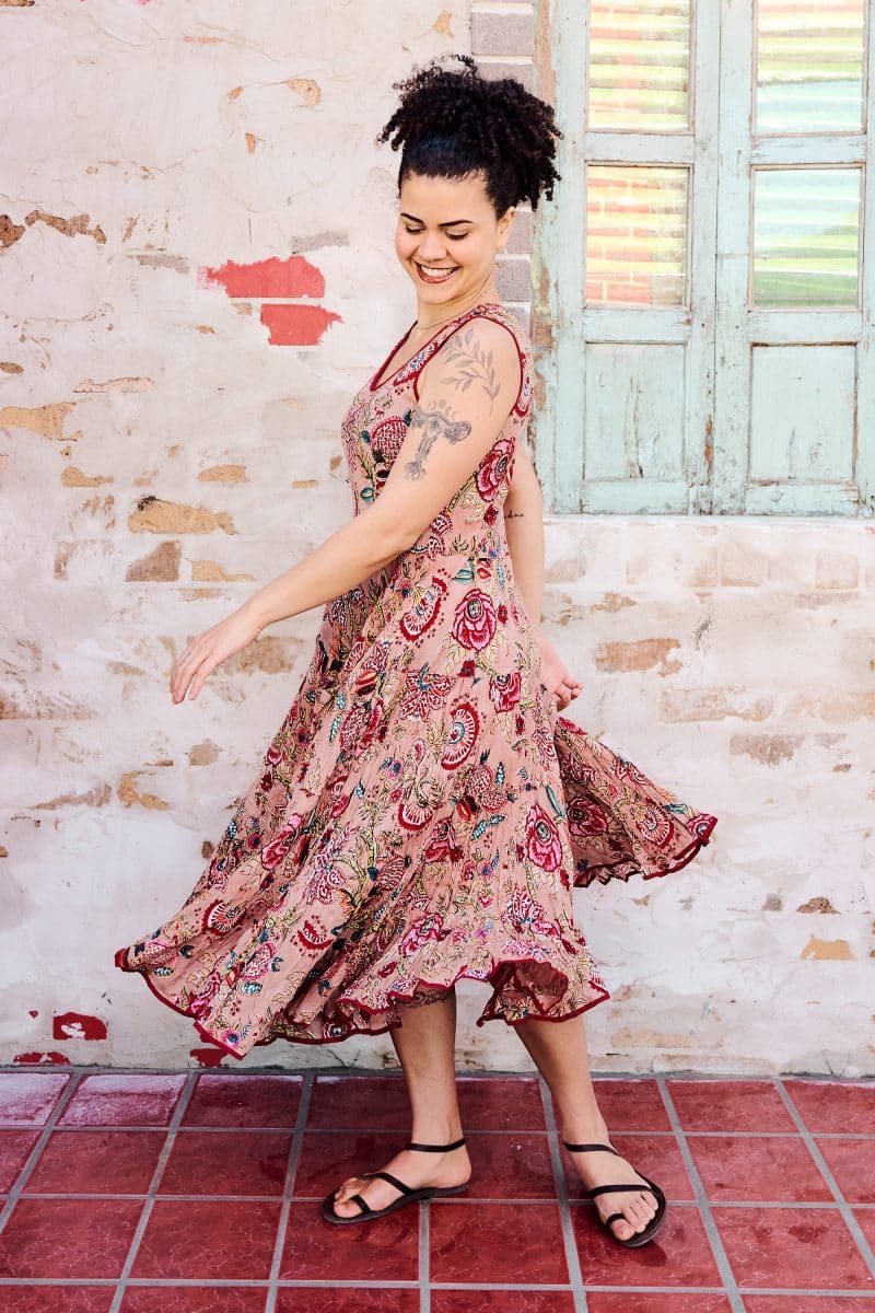Womens, midi, Flamenco Dress, sleeveless, 100% Cotton, hand block print. Summer Floral - Rosani