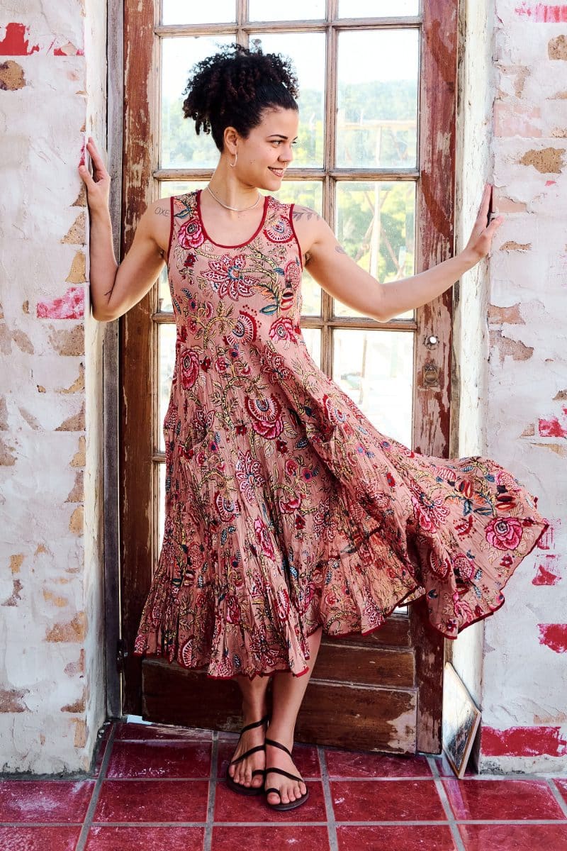 Womens, midi, Flamenco Dress, sleeveless, 100% Cotton, hand block print. Summer Floral - Rosani