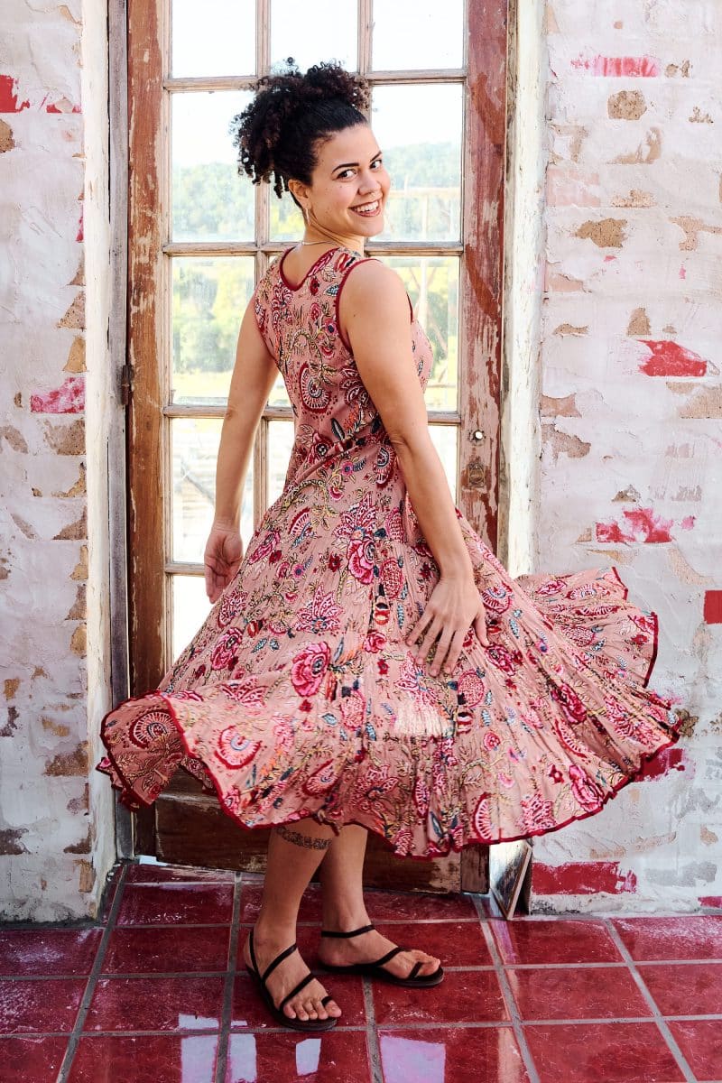 Womens, midi, Flamenco Dress, sleeveless, 100% Cotton, hand block print. Summer Floral - Rosani