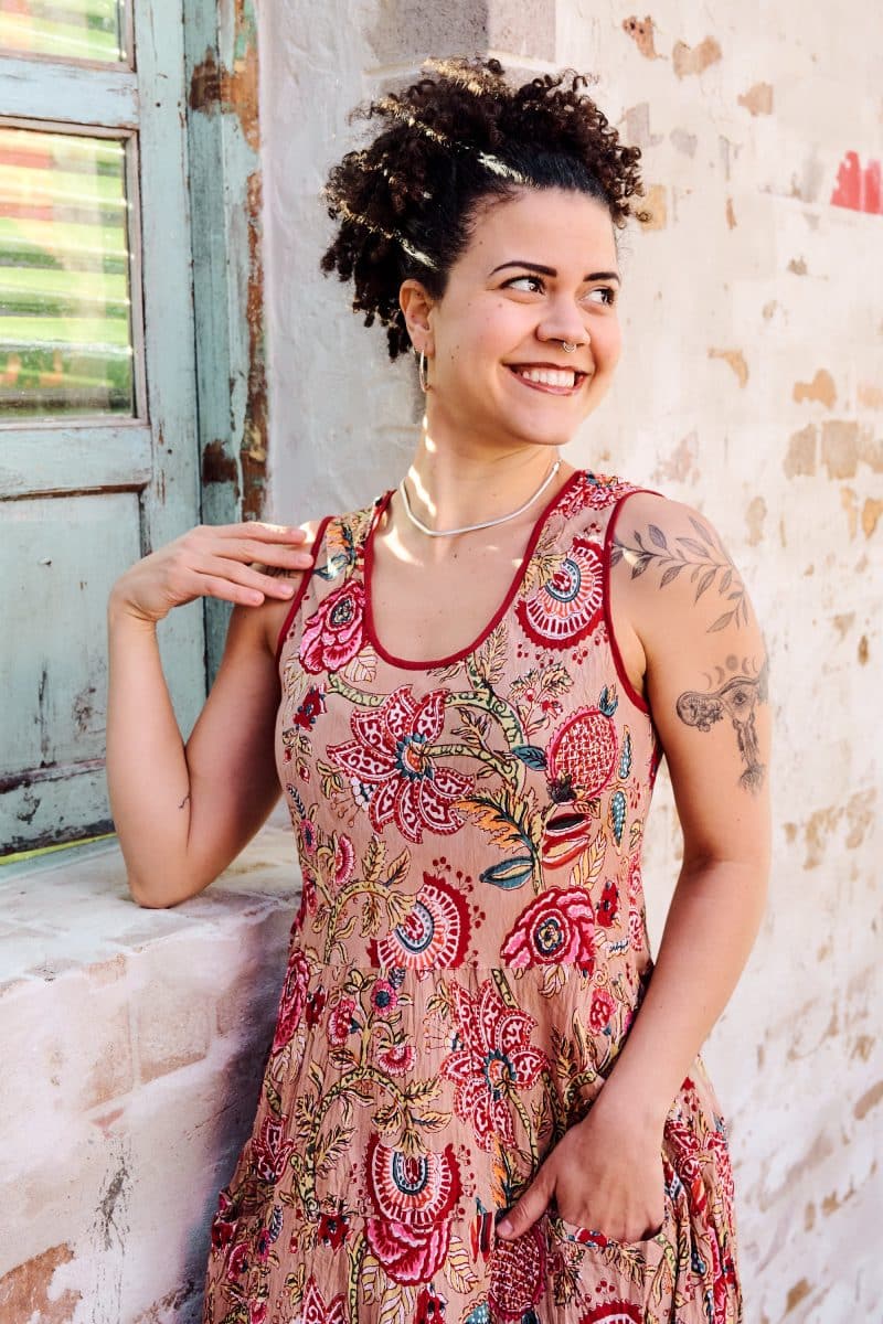 Womens, midi, Flamenco Dress, sleeveless, 100% Cotton, hand block print. Summer Floral - Rosani