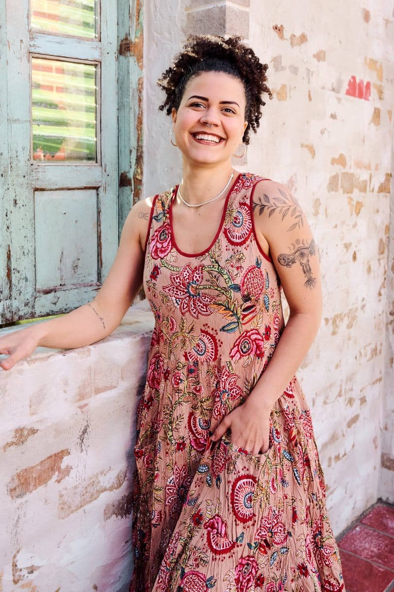 Womens, midi, Flamenco Dress, sleeveless, 100% Cotton, hand block print. Summer Floral - Rosani