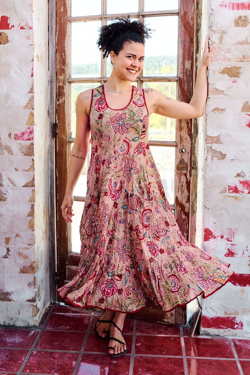 Womens, midi, Flamenco Dress, sleeveless, 100% Cotton, hand block print. Summer Floral - Rosani