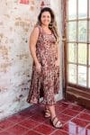 Womens, midi, Flamenco Dress, sleeveless, 100% Cotton, hand block print. Natural tone with florals - Lilienne