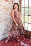 Womens, midi, Flamenco Dress, sleeveless, 100% Cotton, hand block print. Natural tone with florals - Lilienne