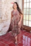 Womens, midi, Flamenco Dress, sleeveless, 100% Cotton, hand block print. Natural tone with florals - Lilienne