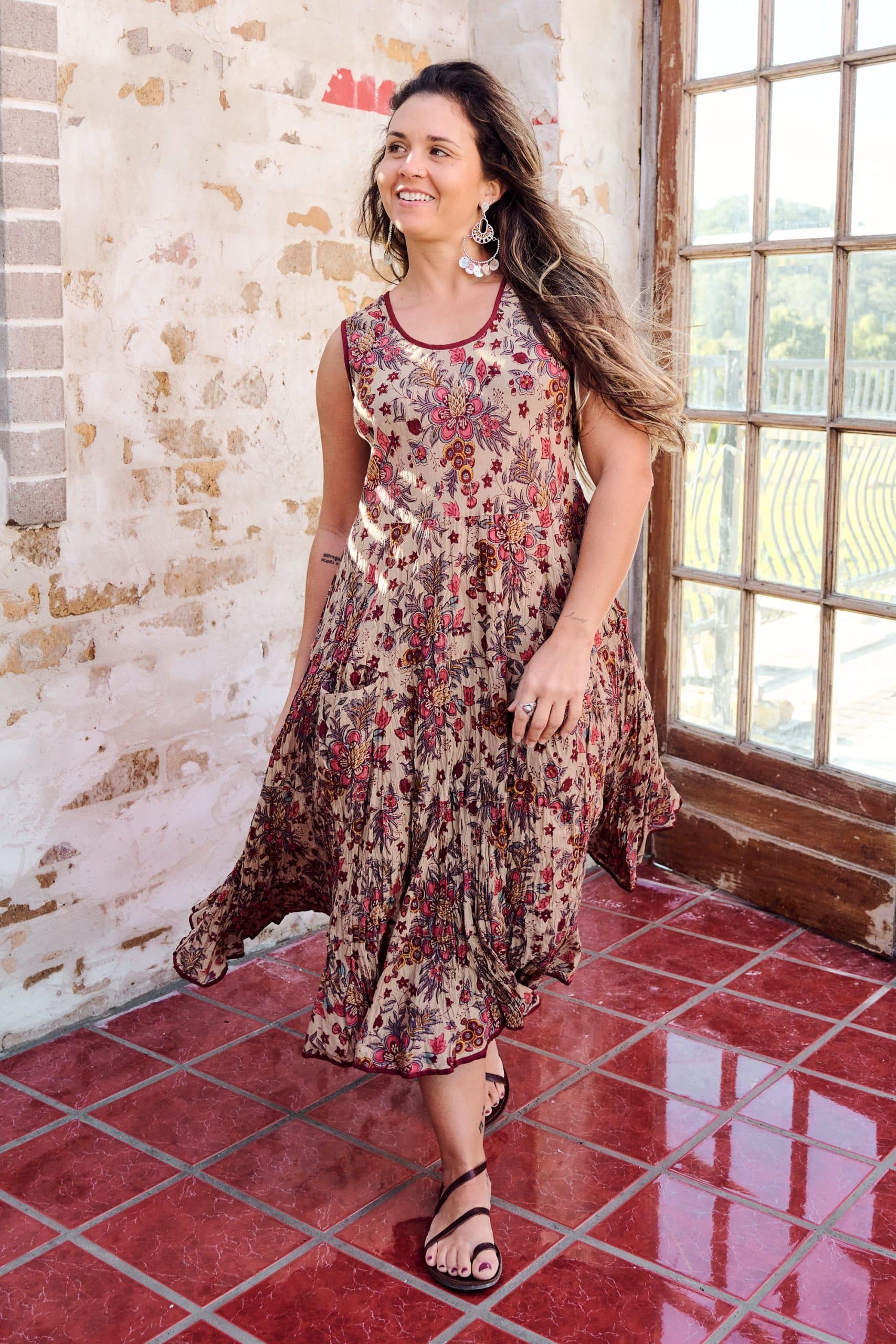 Womens, midi, Flamenco Dress, sleeveless, 100% Cotton, hand block print. Natural tone with florals - Lilienne