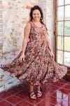 Womens, midi, Flamenco Dress, sleeveless, 100% Cotton, hand block print. Natural tone with florals - Lilienne