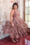 Womens, midi, Flamenco Dress, sleeveless, 100% Cotton, hand block print. Natural tone with florals - Lilienne