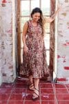 Womens, midi, Flamenco Dress, sleeveless, 100% Cotton, hand block print. Natural tone with florals - Lilienne