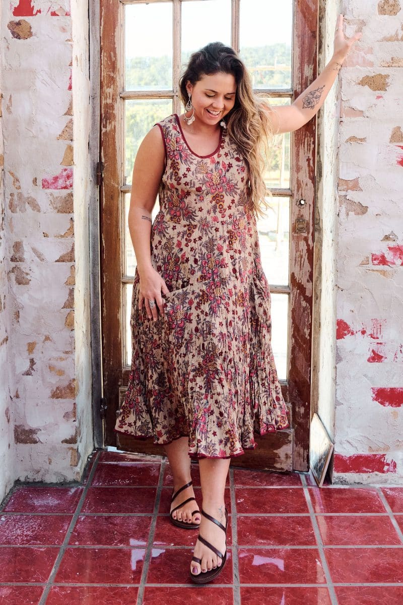Womens, midi, Flamenco Dress, sleeveless, 100% Cotton, hand block print. Natural tone with florals - Lilienne