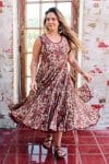 Womens, midi, Flamenco Dress, sleeveless, 100% Cotton, hand block print. Natural tone with florals - Lilienne