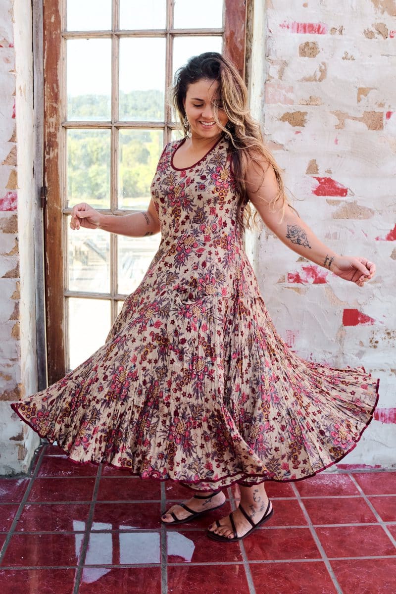 Womens, midi, Flamenco Dress, sleeveless, 100% Cotton, hand block print. Natural tone with florals - Lilienne