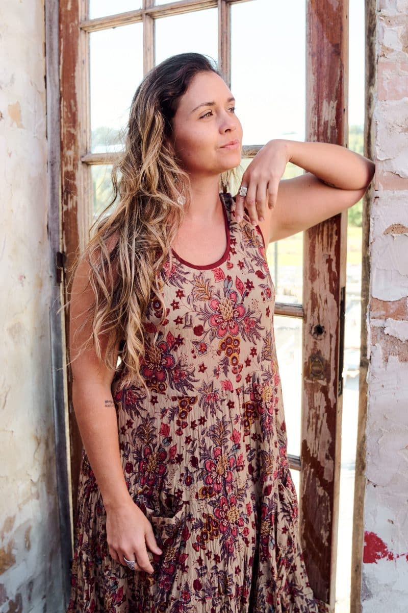 Womens, midi, Flamenco Dress, sleeveless, 100% Cotton, hand block print. Natural tone with florals - Lilienne