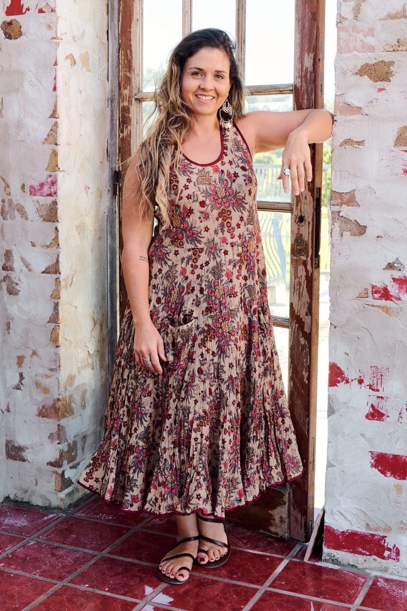 Womens, midi, Flamenco Dress, sleeveless, 100% Cotton, hand block print. Natural tone with florals - Lilienne