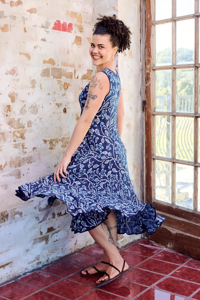 Womens, midi, Flamenco Dress, sleeveless, 100% Cotton, hand block print. Natural Blue - Indigo Suri